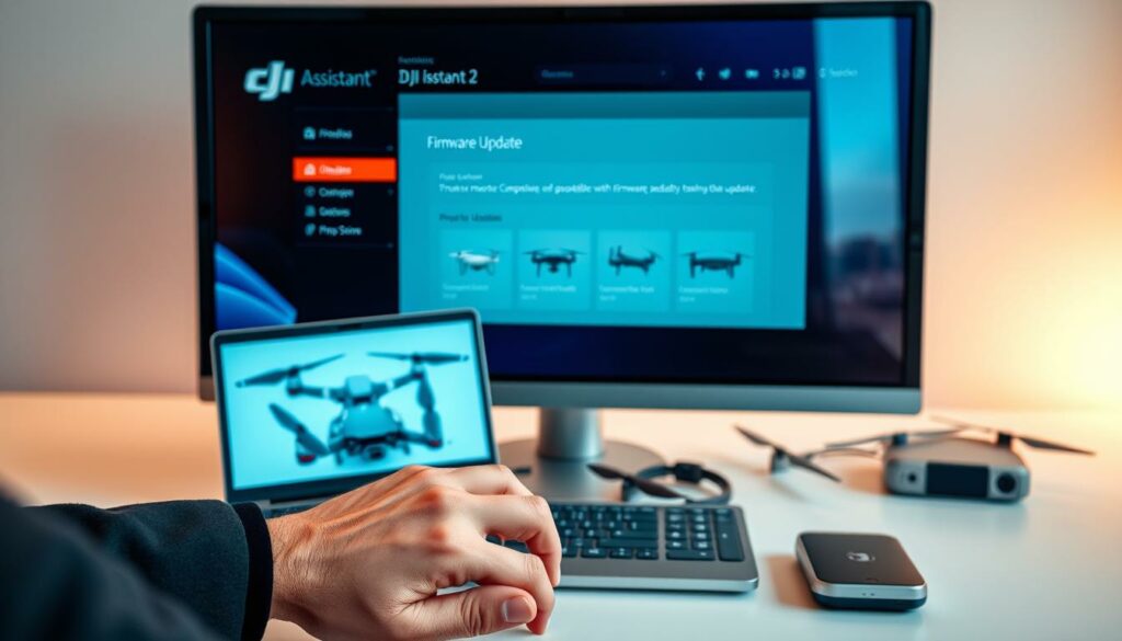 A sleek, modern computer screen displays the DJI Assistant 2 software interface, highlighting the firmware update section prominently. The foreground features a pair of hands, clad in smart business attire, interacting with the touchpad, exuding focus and professionalism. In the middle ground, an open laptop shows drone models compatible with the software, surrounded by small technical gadgets, emphasizing a high-tech atmosphere. The background subtly features a clean, organized workspace with soft, ambient lighting that creates a calm and efficient mood. A shallow depth of field enhances the focus on the software screen and hands, capturing the essence of drone firmware updates. The scene is vibrant yet professional, reflecting a commitment to safe and informed updating methods. A sleek, modern computer screen displays the DJI Assistant 2 software interface, highlighting the firmware update section prominently. The foreground features a pair of hands, clad in smart business attire, interacting with the touchpad, exuding focus and professionalism. In the middle ground, an open laptop shows drone models compatible with the software, surrounded by small technical gadgets, emphasizing a high-tech atmosphere. The background subtly features a clean, organized workspace with soft, ambient lighting that creates a calm and efficient mood. A shallow depth of field enhances the focus on the software screen and hands, capturing the essence of drone firmware updates. The scene is vibrant yet professional, reflecting a commitment to safe and informed updating methods.