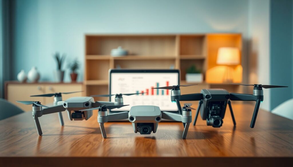 A sleek representation of various drone models, including the DJI Mini 4 Pro, placed side by side on a wooden table for an aerial technology comparison. The foreground features the drones, showcasing their design elements and size differences: the Mini 4 Pro with its compact frame, a larger competitor drone, and an older model for contrast. The middle ground highlights a soft-focus laptop displaying graphs comparing specifications. In the background, a well-lit, modern workspace with minimalistic decor and soft diffused lighting creates an inviting atmosphere. The angle captures the drones' details while maintaining a professional look, ideal for an analysis of drone technology in the evolving market. The mood is informative, emphasizing innovation and usability.
