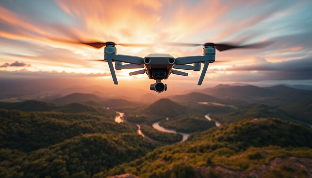 A stunning aerial view of a drone soaring through different hyperlapse flight modes above a breathtaking landscape. In the foreground, the drone is highlighted with clear details, showcasing its sleek design and high-resolution camera. The middle ground features diverse terrain—rolling hills, winding rivers, and vibrant green forests—captured in dynamic motion blurs, illustrating the essence of hyperlapse technology. The background is a dramatic sunset sky with rich hues of orange, pink, and purple, casting a warm glow over the scenery. Soft, cinematic lighting enhances the atmosphere, while a slightly tilted angle adds a sense of movement and excitement. The overall mood is adventurous and inspirational, inviting viewers to explore the possibilities of drone hyperlapses.