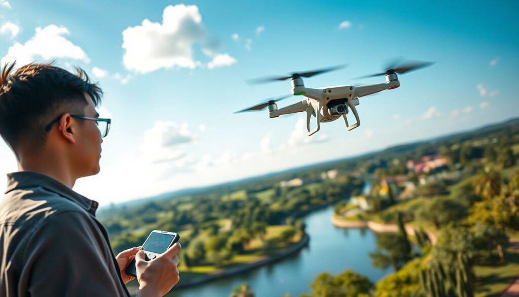 A stunning aerial view showcasing creative applications for DJI drones, highlighting a vlogger in a modest casual outfit operating the drone in a vibrant outdoor setting. In the foreground, the vlogger is using a remote controller, focused intently on the drone soaring above, capturing breathtaking landscapes. In the middle ground, the DJI drone is seen elegantly in flight, with its camera angled to capture unique angles of a scenic park, complete with lush greenery and a winding river. The background features a clear blue sky with fluffy clouds, casting natural light on the scene. The mood is adventurous and innovative, emphasizing the versatility and excitement of using DJI drones for creative filming techniques like dronies and boomerangs. A stunning aerial view showcasing creative applications for DJI drones, highlighting a vlogger in a modest casual outfit operating the drone in a vibrant outdoor setting. In the foreground, the vlogger is using a remote controller, focused intently on the drone soaring above, capturing breathtaking landscapes. In the middle ground, the DJI drone is seen elegantly in flight, with its camera angled to capture unique angles of a scenic park, complete with lush greenery and a winding river. The background features a clear blue sky with fluffy clouds, casting natural light on the scene. The mood is adventurous and innovative, emphasizing the versatility and excitement of using DJI drones for creative filming techniques like dronies and boomerangs.