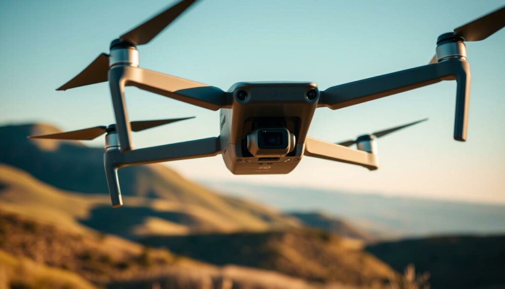 A top-down view of the DJI Mavic 3 Classic drone, showcasing its sleek design and advanced features. The drone is positioned in the foreground against a picturesque landscape of rolling hills and a clear blue sky in the background. Emphasize the drone's professional features such as the dual-camera system, obstacle detection sensors, and foldable arms. Use warm, natural lighting to highlight the drone’s glossy finish and intricate details, capturing a sense of innovation and adventure. Include subtle shadows to create depth, and maintain a sharp focus on the drone while allowing the background to have a soft blur, evoking the freedom and excitement of travel vlogging.