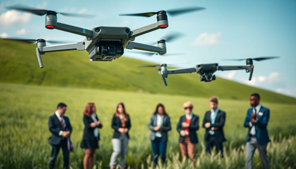 A vibrant and informative scene depicting the concept of "Open Category aerial operations" for drone use in the UK. In the foreground, a sleek, modern drone navigates through the air, showcasing its design and capabilities. The middle ground features a diverse group of people, dressed in professional business attire, observing the drone's flight, discussing its applications. Lush green fields and a clear blue sky fill the background, embodying an outdoor setting suitable for drone operations. Soft, natural lighting enhances the scene, creating a sense of excitement and professionalism. The angle captures both the drone in flight and the engaged spectators below, illustrating the interaction between technology and its operators. Overall, the atmosphere is dynamic and forward-thinking, emphasizing innovation in aerial operations.