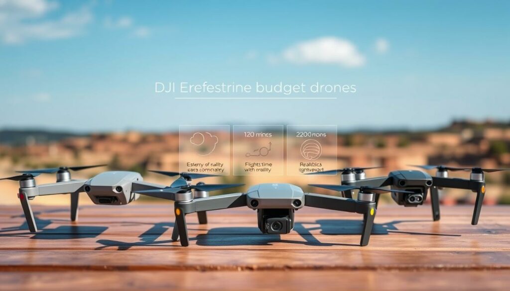 A vibrant, detailed scene showcasing a comparative analysis of drones from DJI, Potensic, and other brands, set on a wooden table outdoors under soft natural lighting. In the foreground, three budget drones are positioned side by side, each prominently displaying unique design elements and colors—one sleek and modern, one rugged and practical, and another compact and lightweight. The middle ground features realistic product specifications, such as camera quality and flight time, subtly represented with visually striking icons or diagrams. In the background, a blurred scenic landscape with a clear blue sky enhances the mood, indicating excitement and innovation in drone technology. The atmosphere is engaging and professional, appealing to tech enthusiasts and prospective buyers. A vibrant, detailed scene showcasing a comparative analysis of drones from DJI, Potensic, and other brands, set on a wooden table outdoors under soft natural lighting. In the foreground, three budget drones are positioned side by side, each prominently displaying unique design elements and colors—one sleek and modern, one rugged and practical, and another compact and lightweight. The middle ground features realistic product specifications, such as camera quality and flight time, subtly represented with visually striking icons or diagrams. In the background, a blurred scenic landscape with a clear blue sky enhances the mood, indicating excitement and innovation in drone technology. The atmosphere is engaging and professional, appealing to tech enthusiasts and prospective buyers.