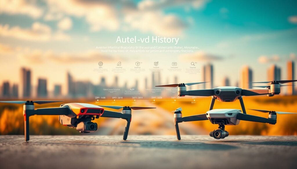 A visually captivating landscape portraying the brand histories of Autel and DJI drones. In the foreground, feature a sleek, modern Autel drone, showcasing its vibrant orange and black design, alongside a DJI drone with its iconic white and black aesthetics. The middle ground should display a timeline, artistically designed with significant milestones from both brands, illustrated with small icons representing technological advancements and achievements. In the background, use a blurred city skyline to evoke a sense of innovation and progress. The lighting should be warm and inviting, simulating a late afternoon glow, while a shallow depth of field focuses on the drones, creating an engaging and professional atmosphere. The overall mood should be one of excitement and forward-thinking technology. A visually captivating landscape portraying the brand histories of Autel and DJI drones. In the foreground, feature a sleek, modern Autel drone, showcasing its vibrant orange and black design, alongside a DJI drone with its iconic white and black aesthetics. The middle ground should display a timeline, artistically designed with significant milestones from both brands, illustrated with small icons representing technological advancements and achievements. In the background, use a blurred city skyline to evoke a sense of innovation and progress. The lighting should be warm and inviting, simulating a late afternoon glow, while a shallow depth of field focuses on the drones, creating an engaging and professional atmosphere. The overall mood should be one of excitement and forward-thinking technology.