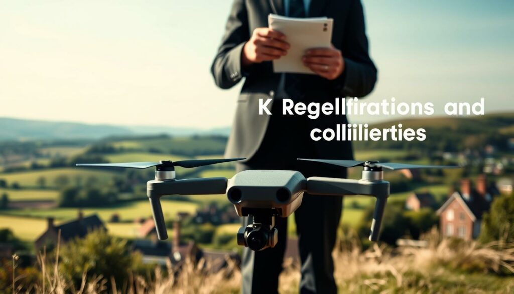 A visually engaging and informative scene depicting UK drone regulations and compliance. In the foreground, a professional individual in business attire is examining a checklist while standing next to a compact travel drone ready for flight. In the middle ground, a serene landscape reveals a picturesque British countryside, with iconic elements like rolling hills and a quaint village. The background features a clear sky, emphasizing a sense of openness and possibility. Soft, natural lighting casts gentle shadows, highlighting the drone's sleek design. The camera angle is slightly low, giving a sense of grandeur to the drone while ensuring the regulatory elements are clearly visible, creating an atmosphere of professionalism and responsibility in drone usage.