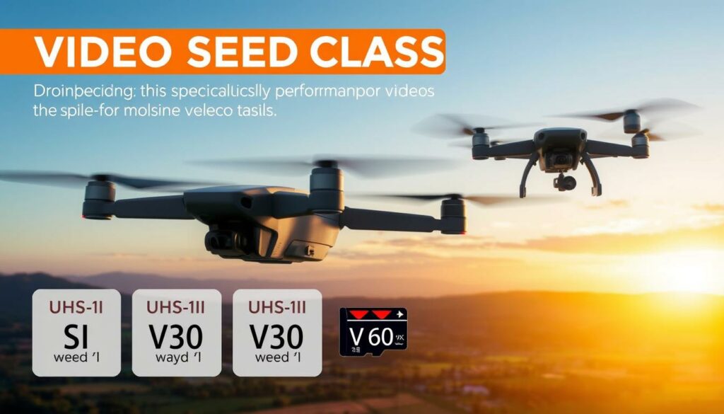 A visually striking infographic illustrating video speed class ratings for memory cards specifically designed for drone video recording. In the foreground, clearly defined speed class icons arranged in ascending order, each represented by a visually distinct and color-coded label (UHS-I, UHS-II, V30, V60, V90). The middle layer features a sleek drone hovering in a picturesque outdoor setting, capturing stunning aerial footage with a vibrant landscape below. In the background, a subtle gradient of blue sky fades to a warm sunset, enhancing the feeling of high-tech performance. Soft lighting highlights the memory card icons, creating a professional ambiance. The overall mood is dynamic and informative, ideal for showcasing technical specifications and performance factors in drone videography.