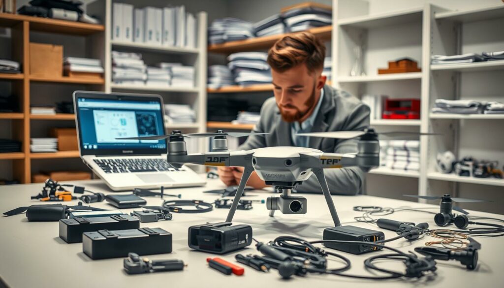 A well-lit indoor workspace featuring a modern drone on a table, surrounded by tools for a firmware update. In the foreground, a professional technician in a smart casual outfit is closely examining the drone, holding a laptop that displays a software interface. The middle ground shows various drone components, such as batteries and cables, organized neatly. In the background, shelves filled with technical manuals and spare parts create a sense of organization. Soft, diffused lighting enhances the focus on the drone, casting gentle shadows to create depth. The atmosphere is one of concentration and professionalism, emphasizing the meticulous nature of preparing a drone for an important update. A well-lit indoor workspace featuring a modern drone on a table, surrounded by tools for a firmware update. In the foreground, a professional technician in a smart casual outfit is closely examining the drone, holding a laptop that displays a software interface. The middle ground shows various drone components, such as batteries and cables, organized neatly. In the background, shelves filled with technical manuals and spare parts create a sense of organization. Soft, diffused lighting enhances the focus on the drone, casting gentle shadows to create depth. The atmosphere is one of concentration and professionalism, emphasizing the meticulous nature of preparing a drone for an important update.