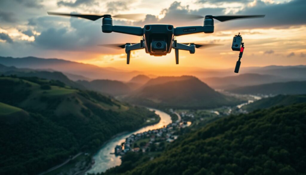 Aerial shot of a vibrant, lush landscape showcasing the art of composition in documentary filmmaking. In the foreground, a drone hovers dynamically, capturing the scene below. The middle ground features a sweeping vista of diverse terrains—rolling hills, a sparkling river, and a small village nestled in greenery. The background showcases a dramatic sky during golden hour, with soft light illuminating the landscape, creating warm hues of orange and pink. Use a wide-angle lens perspective to accentuate depth, and a slight downward angle to emphasize storytelling through visual context. The mood is inspiring and cinematic, inviting viewers to appreciate the beauty of the environment and the potential of drone technology in enhancing narrative techniques.