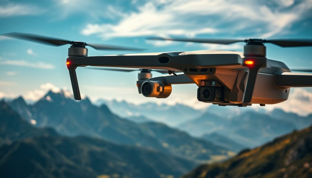 Aerial view of a cutting-edge drone equipped with advanced navigation technology soaring over majestic mountain ranges. In the foreground, the drone features high-tech sensors and cameras, showcasing intricate details like LED lights and a sleek, aerodynamic design. The middle ground showcases rugged mountain peaks, partially shrouded in mist, with patches of green valleys visible below. In the background, a clear blue sky with wispy clouds adds to the atmosphere of altitude and freedom. The scene is bathed in warm sunlight, creating a dramatic contrast between the shadows of the mountains and the illuminated drone. The mood is one of innovation and adventure, emphasizing the importance of advanced equipment in navigating challenging environments.