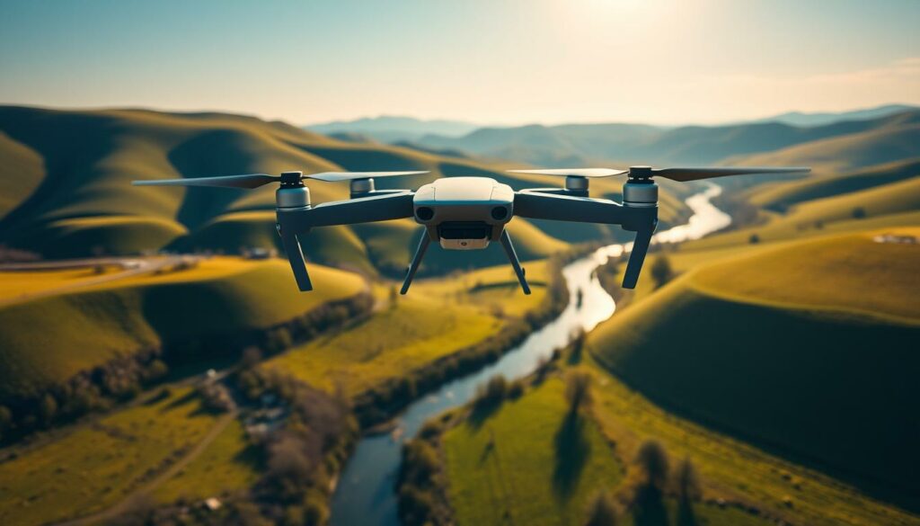 Aerial view of a drone executing a QuickShot maneuver over a picturesque landscape, with vibrant green hills and a clear blue sky in the background. In the foreground, the drone is captured mid-flight, showcasing its sleek design and propellers in action. The sun is shining brightly, casting crisp shadows on the terrain below, enhancing the sense of depth and motion. Surrounding the drone, a stunning rural scene unfolds, featuring a winding river and scattered trees. The atmosphere is energetic and adventurous, evoking excitement about capturing dynamic video shots. The image should have a focus on the drone’s precision and the breathtaking scenery, with a slight tilt angle to emphasize the drone's flight path. Aerial view of a drone executing a QuickShot maneuver over a picturesque landscape, with vibrant green hills and a clear blue sky in the background. In the foreground, the drone is captured mid-flight, showcasing its sleek design and propellers in action. The sun is shining brightly, casting crisp shadows on the terrain below, enhancing the sense of depth and motion. Surrounding the drone, a stunning rural scene unfolds, featuring a winding river and scattered trees. The atmosphere is energetic and adventurous, evoking excitement about capturing dynamic video shots. The image should have a focus on the drone’s precision and the breathtaking scenery, with a slight tilt angle to emphasize the drone's flight path.