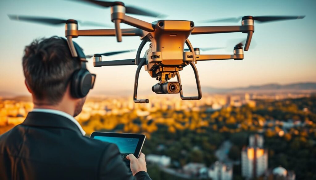 Aerial view of a modern drone operating high above a scenic landscape, showcasing the drone's camera capturing stunning footage of a vibrant cityscape below. In the foreground, a skilled drone operator in professional business attire monitors the live feed on a tablet, while in the middle ground, the drone hovers gracefully, framed by the skyline. The background reveals a mix of urban architecture and lush greenery, illuminated by golden hour lighting that bathes the scene in a warm, inviting glow. The atmosphere conveys a sense of innovation and professionalism, representing comprehensive aerial filming services poised for commercial use. The image is captured from a slightly elevated angle to emphasize both the drone and the breathtaking surroundings, highlighting the seamless integration of technology and nature.