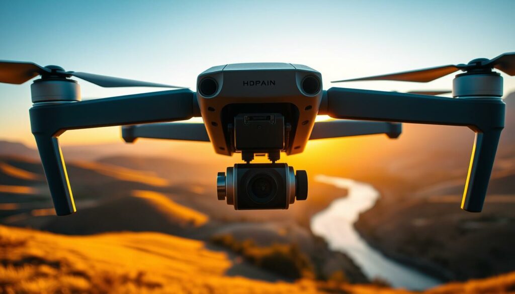 Aerial view of a professional drone capturing sharp photos and cinematic videos, showcasing a scenic landscape. In the foreground, the drone is equipped with a high-quality camera lens, highlighting its sleek design and advanced features. The middle ground reveals a picturesque vista with rolling hills, a vibrant sunset casting warm golden tones, and a winding river reflecting the light. The background features distant mountains under a clear blue sky, adding depth. Soft, diffused lighting enhances the image's clarity and richness, while a slight motion blur suggests the dynamic movement of the drone. The mood is inspiring and adventurous, evoking the thrill of capturing stunning visuals in nature.