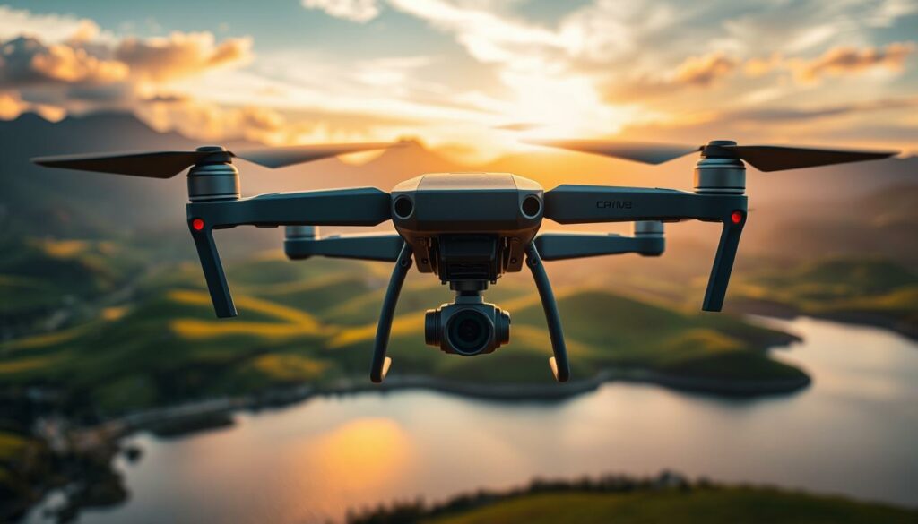An innovative drone capturing stunning aerial footage of a breathtaking landscape. In the foreground, a sleek, modern drone hovers meticulously, showcasing its advanced camera with stabilizing gimbal. The midsection features a remarkable vista of rolling green hills and a shimmering lake, showing reflections under the golden hour lighting, where the sun illuminates the scene with warm, soft hues. In the background, dramatic mountains rise against a vibrant sky, creating a contrast of colors. An atmosphere of creativity and inspiration envelops the scene, with wisps of clouds adding depth. The perspective captures a slightly tilted angle to enhance dynamism and excitement, showcasing cutting-edge videography techniques. No humans or text are present in the composition.