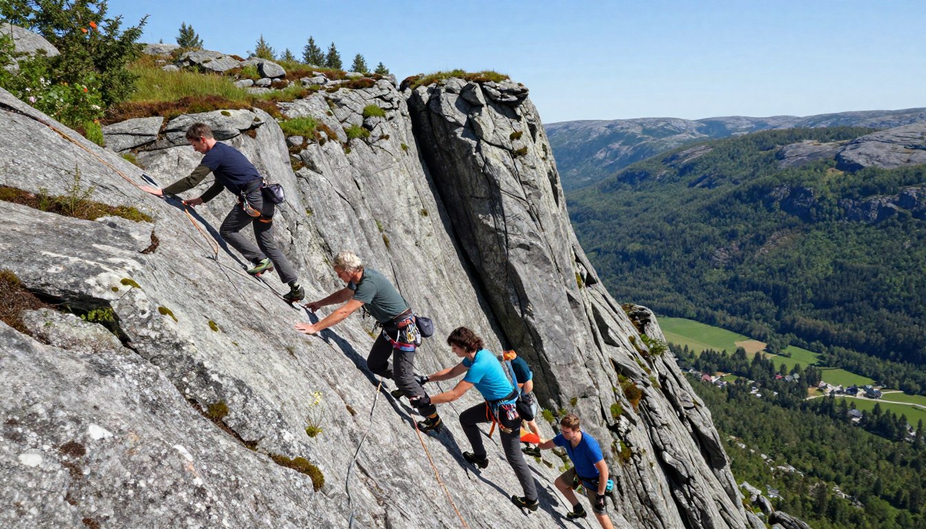A breathtaking view of Hægefjell in Telemark, Norway, featuring a group of climbers in modest casual attire scaling the rugged rock face. In the foreground, show climbers actively engaged in the ascent, with detailed expressions of focus and determination. In the middle ground, the steep cliffs of Hægefjell rise sharply, adorned with patches of green moss and small wildflowers, emphasizing the natural beauty of the region. The background should reveal a panoramic vista of rolling hills and dense forests under a clear blue sky. The lighting is bright and natural, casting soft shadows to highlight the textures of the rock surface. Capture the essence of adventure and the connection with nature, evoking a sense of excitement and tranquility.