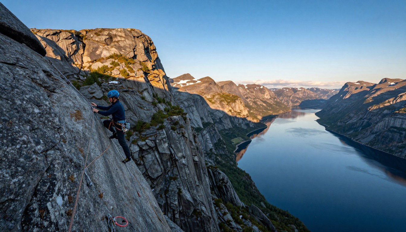 A breathtaking view of a climber on a spectacular rock route in Norway, set against the majestic backdrop of towering fjords and deep blue skies. In the foreground, a climber in modest outdoor gear expertly navigates challenging overhangs, showcasing determination and skill. The middle ground features dramatic cliffs with intricate rock formations and patches of greenery, emphasizing the rugged beauty of the landscape. In the background, the serene water of a fjord reflects the surrounding mountains, bathed in the soft golden light of a sunset. The atmosphere is one of adventure and tranquil beauty, evoking the spirit of exploration and the thrill of climbing. Use a wide-angle lens to capture the vastness of the scene, with a focus on both the climber and the stunning environment.