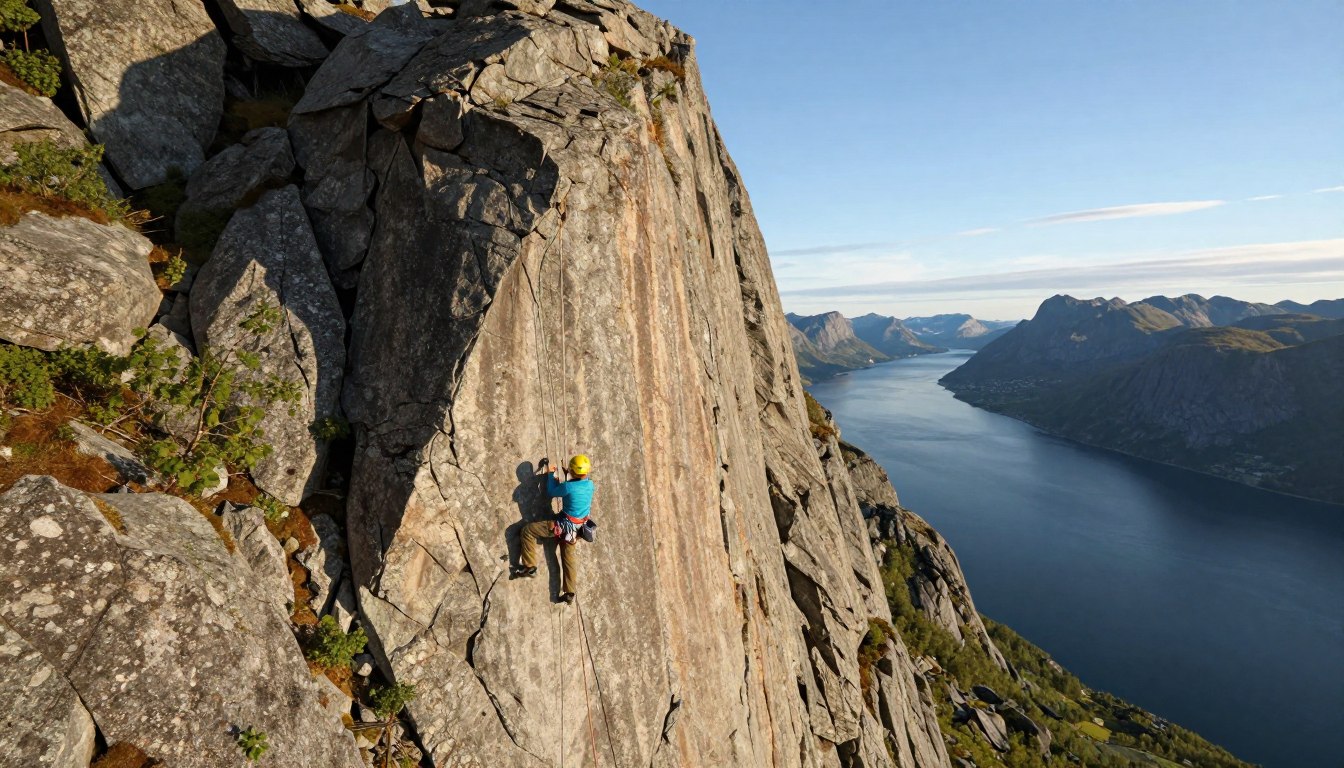 A climber skillfully scaling the imposing Flygende Hollender rock formation on Kvaløya island in Norway. In the foreground, the climber is dressed in brightly colored climbing gear, displaying determination and focus. The middle section highlights the rugged, vertical rock face, with intricate textures and shadows emphasizing its sheer height. Surrounding the climber, lush green vegetation peeks through cracks in the rocks. In the background, a breathtaking panorama of the fjord and distant mountains under a clear blue sky, with soft sunlight cascading over the scene, creating a serene yet adventurous atmosphere. Shot with a wide-angle lens to capture the grandeur and scale of the landscape.