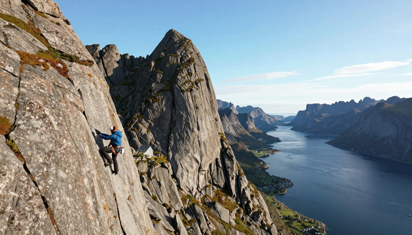 A dramatic view of Vestpillaren on Presten in Lofoten, showcasing its impressive vertical cliffs and rugged rock formations under a bright blue sky. In the foreground, a climber in professional climbing gear ascends the sheer face, demonstrating skill and determination. The middle layer highlights the towering rock features and sparse vegetation clinging to the rocks, with the texture of the stone vividly detailed. In the background, the stunning Norwegian fjord glimmers under the sunlight, with distant mountains casting shadows. Soft, natural lighting enhances the scene, while a slightly lower angle captures the immense scale of the cliffs. The atmosphere is one of adventure and awe, perfectly encapsulating the thrill of climbing in Norway.